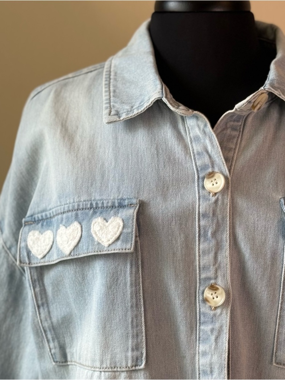 CHARLIE B Blue Denim Jacket Size Large Embroidered Hearts Smiley Face - Picture 3 of 13